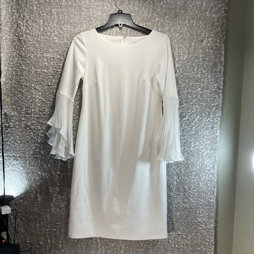 Shelby‎ & Palmer White Shift Dress 3/4 Sheer Bell Sleeve Size 6 Preppy Classic